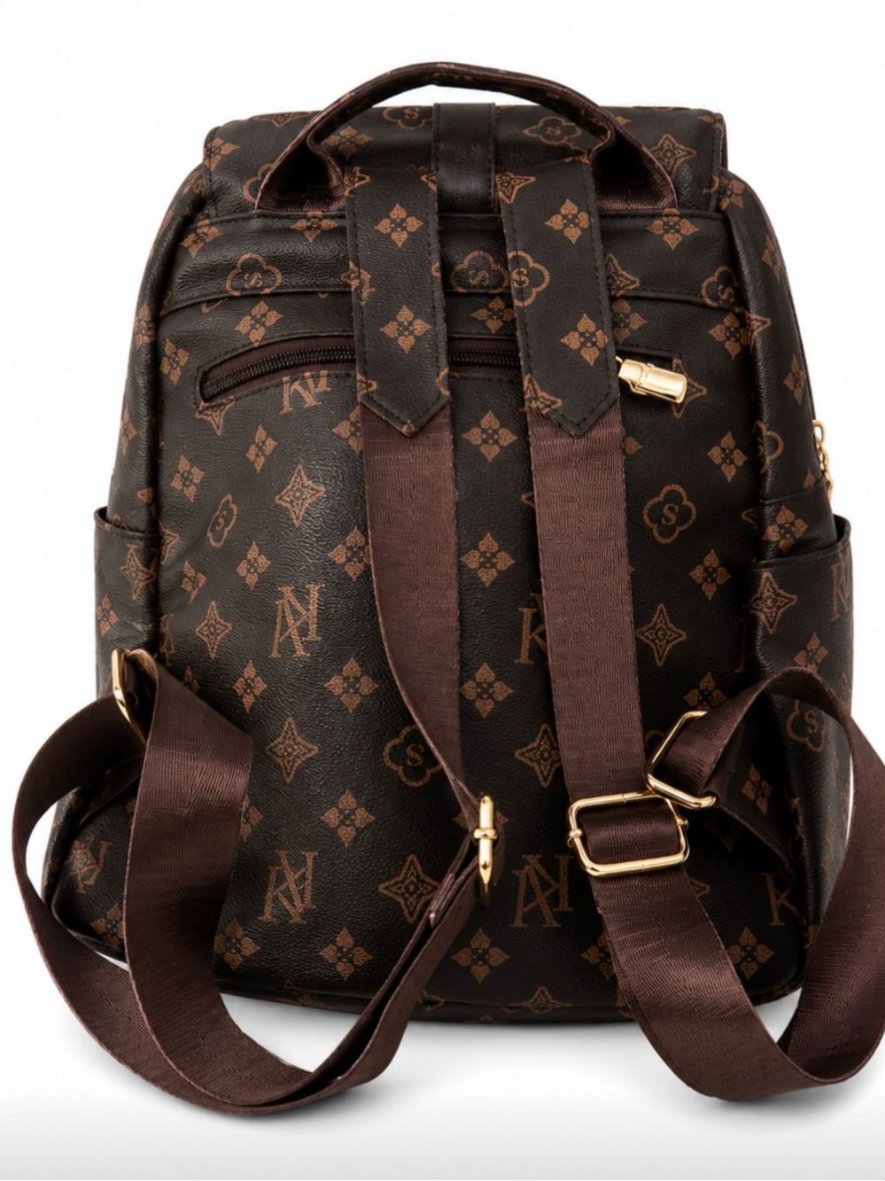 Designer-Style Brown Monogram Backpack with Gold Hardware - Picture 3 of 3